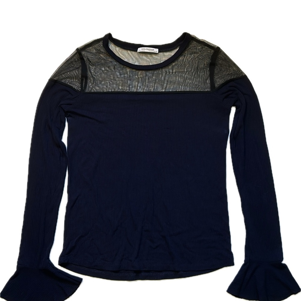 Zara Navy Mesh Panel Long Sleeve Top With Flared Cuffs Size M - Picture 7 of 7